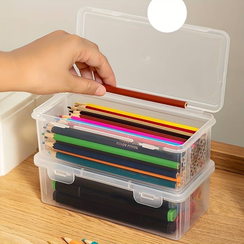 2/4pcs Plastic Clear Storage Box, Large Capacity Transparent Box, Desktop  Pen Pencil Marker Box, Flip Organizer With Hinged Lid, Back To School Suppli